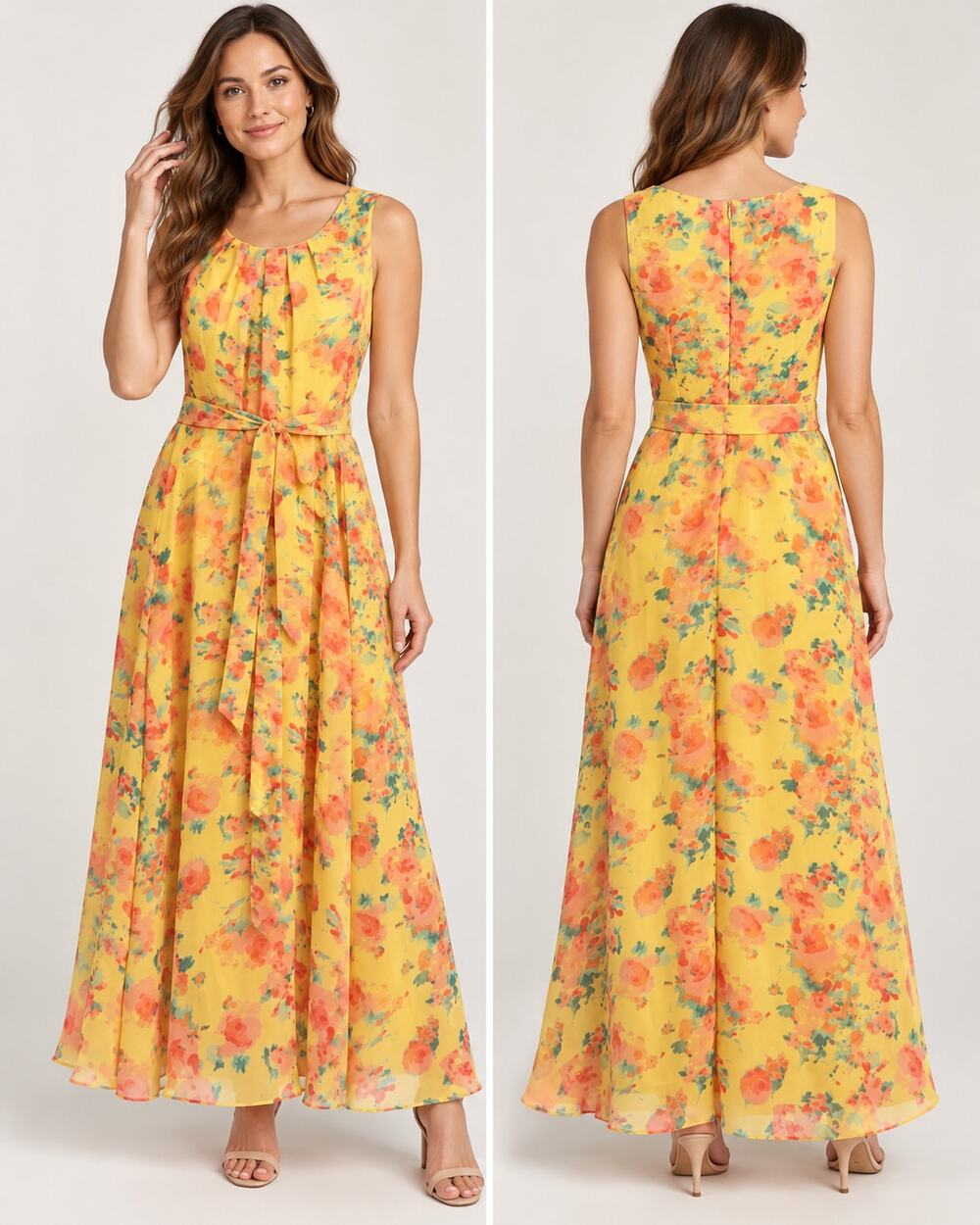 Chetta B Yellow Floral Maxi Dress Women’s Size 10 Sleeveless Belted